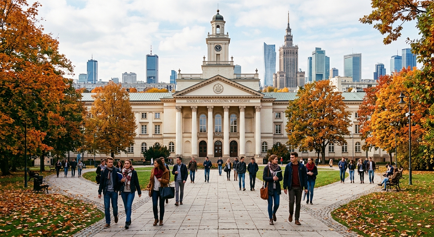 Modern SGH Warsaw School of Economics campus building with neoclassical architecture, students walking along tree-lined pathways, autumn foliage, Warsaw cityscape in the background