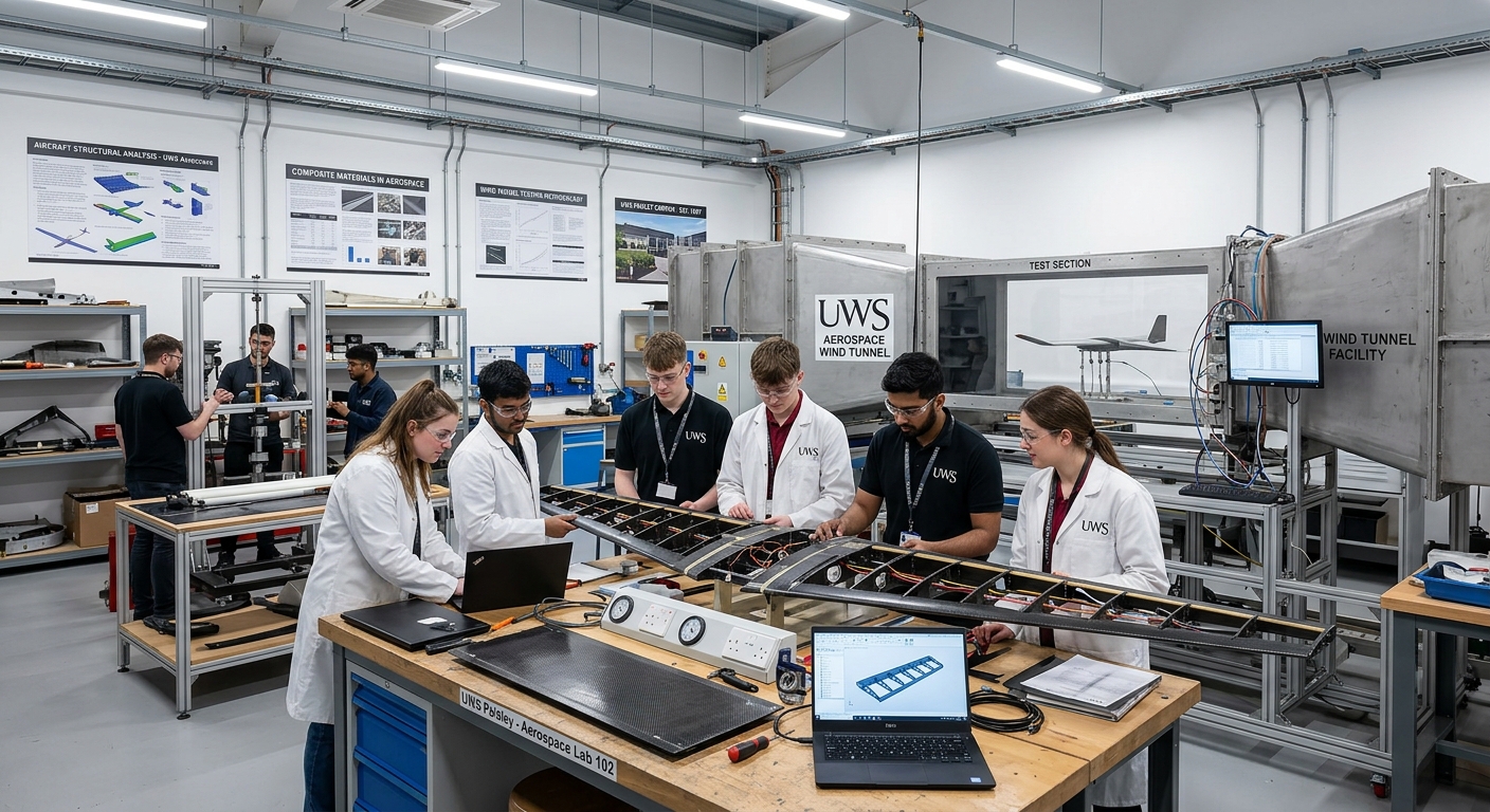 Modern university engineering laboratory at Paisley Campus with aerospace engineering students working on aircraft structural models, wind tunnel equipment visible, bright workshop lighting and technical posters on walls