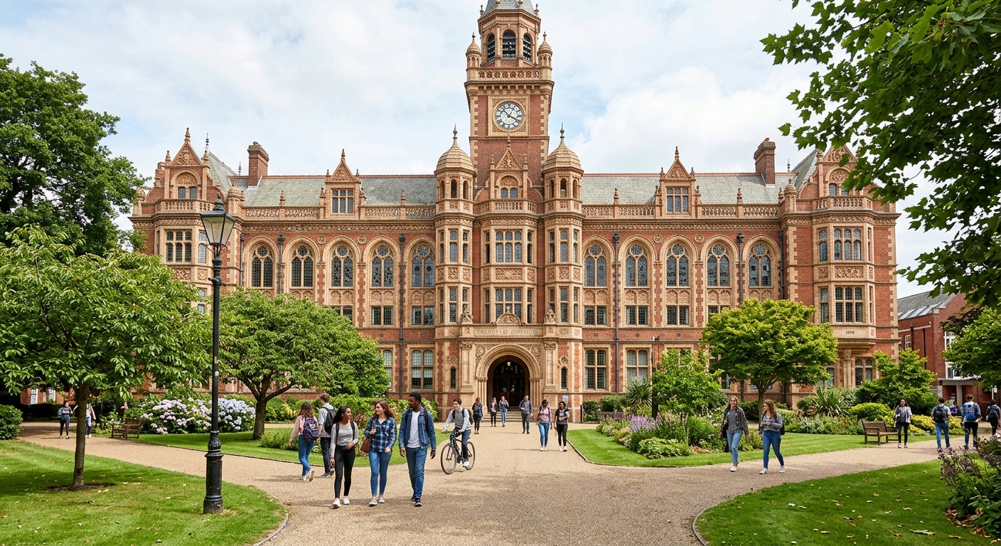 University of Portsmouth Park Building, a grand Flemish-Renaissance style building from 1908, with ornate stonework and arched windows, Victoria Park green space in front, students walking on pathways