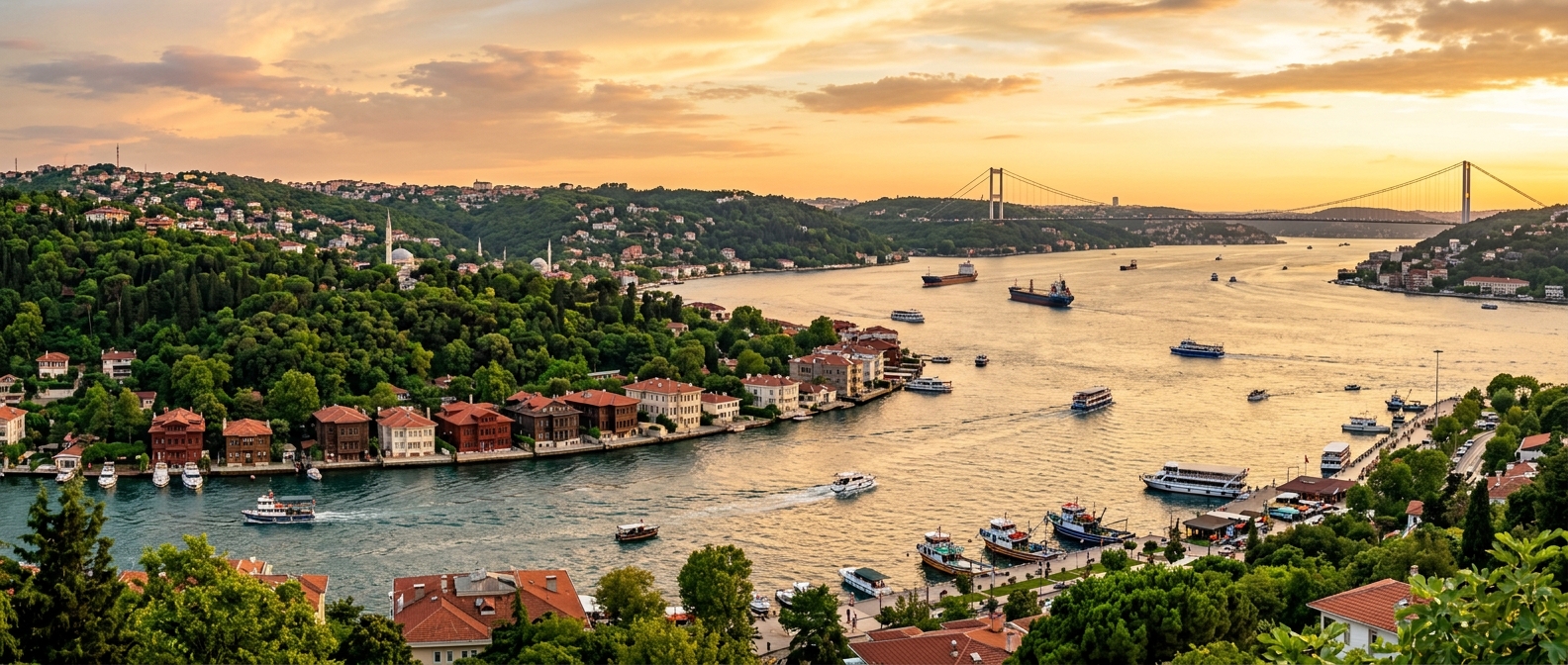 Panoramic view of Beykoz district Istanbul, Bosphorus strait with boats, lush green hills, Ottoman waterfront houses, Fatih Sultan Mehmet Bridge in distance, golden sunset light