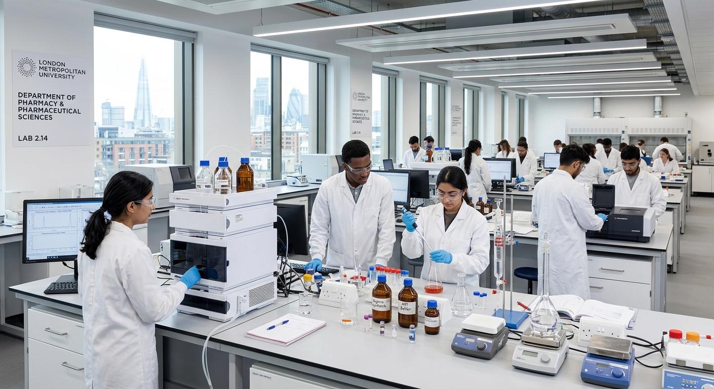 Modern science laboratory at London Metropolitan University with students in white lab coats conducting pharmaceutical experiments, analytical instruments and chemical glassware on benches, bright overhead lighting in a contemporary university setting in London