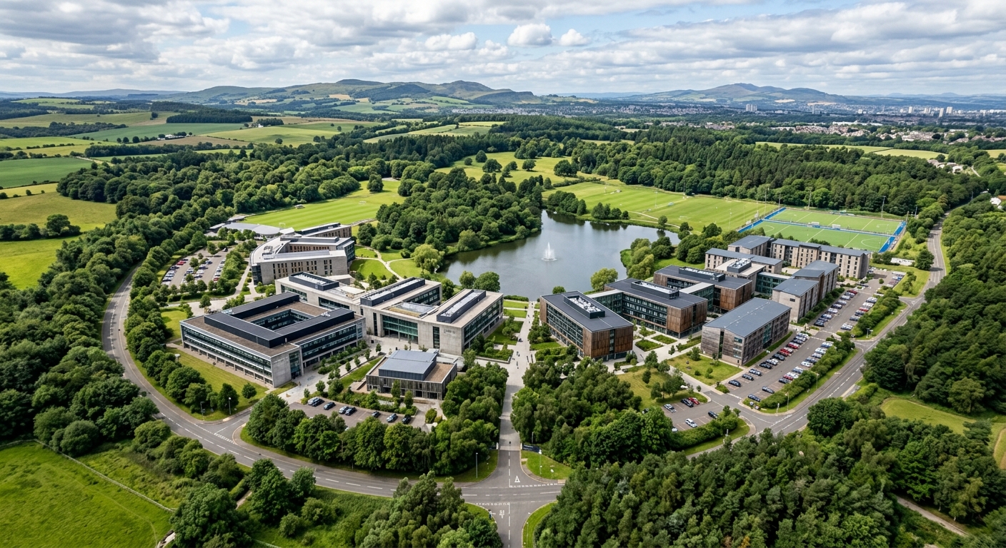 Heriot-Watt University Edinburgh campus aerial view, 380-acre Riccarton parkland estate, modern academic buildings surrounded by green meadows and woodland, Scottish landscape in background