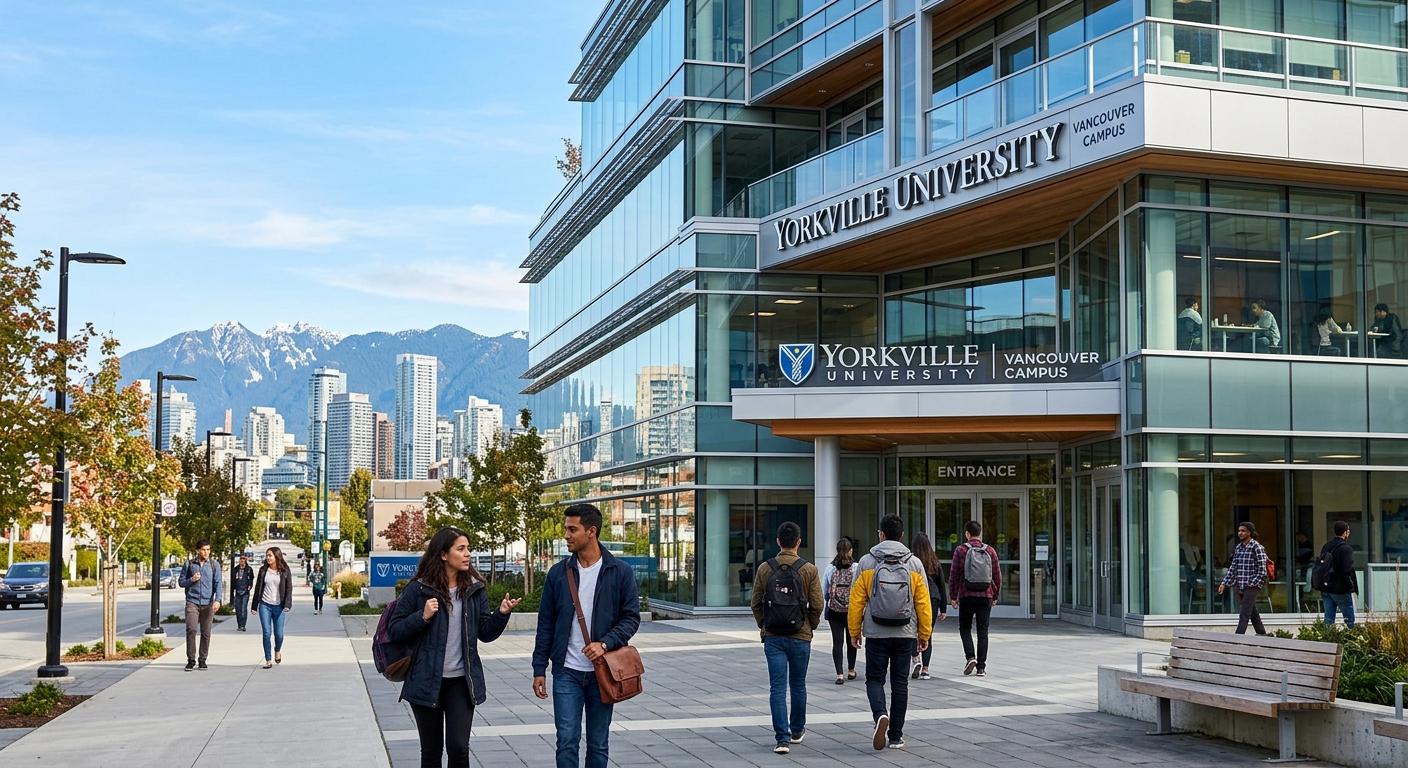 Modern Yorkville University campus building in Vancouver, Canada with glass facade, students walking outside carrying backpacks, urban cityscape with mountains in the background, bright daylight