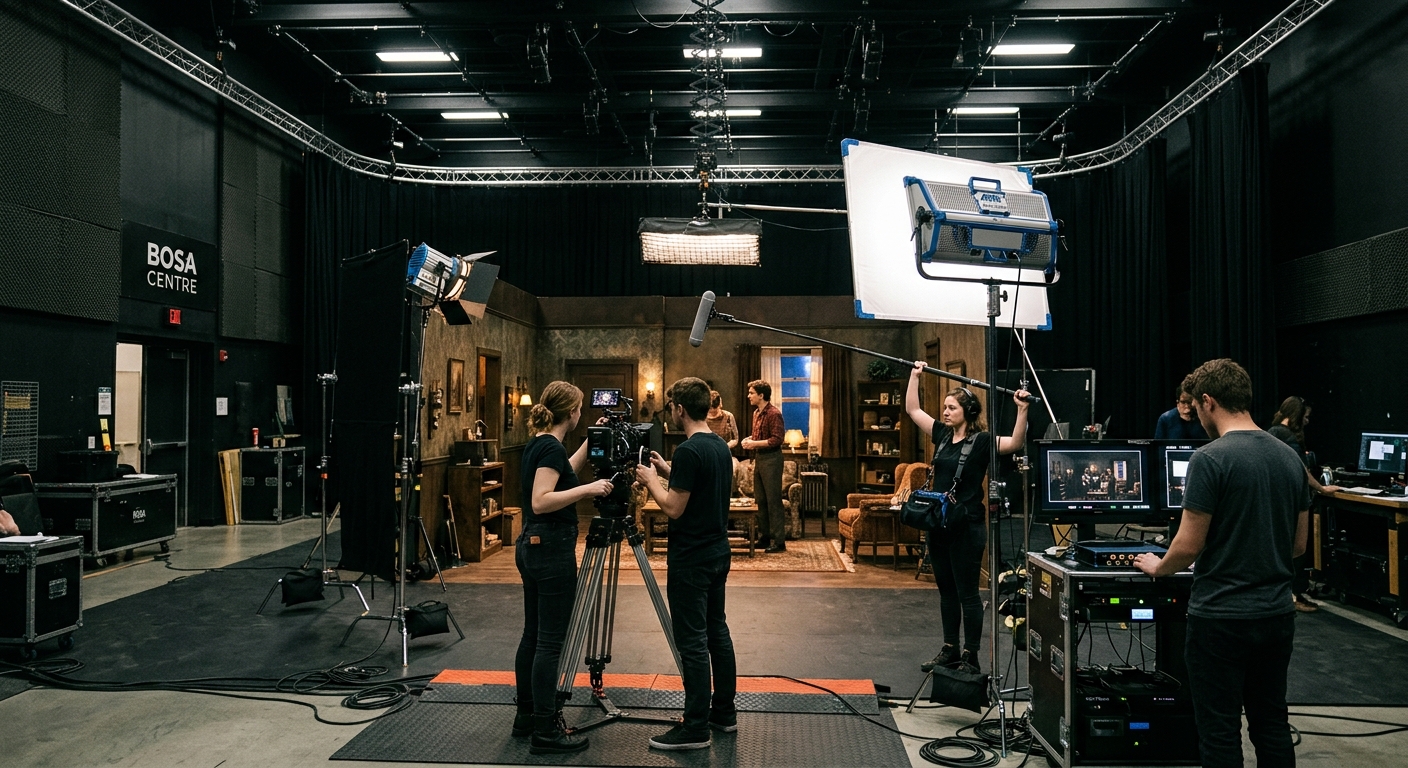 Bosa Centre for Film and Animation at Capilano University, professional film studio interior with lighting equipment, sound stage, students working on production