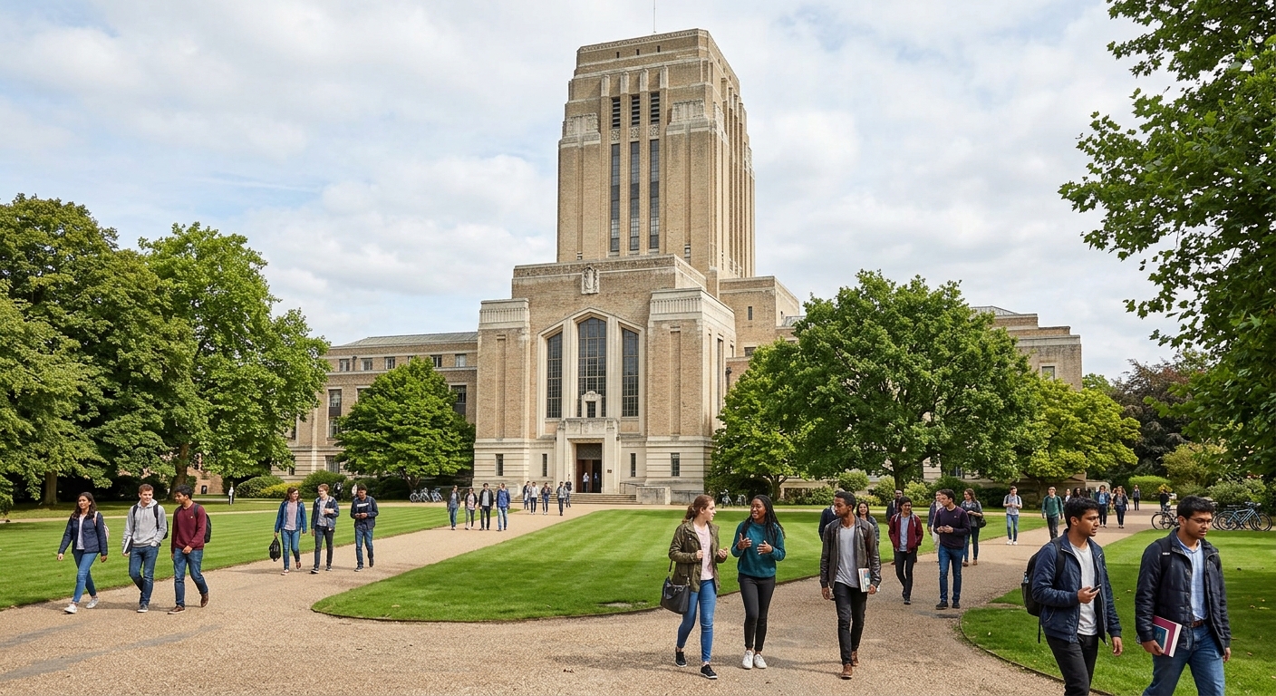 Cambridge University Library exterior, a large Art Deco tower building surrounded by green lawns and mature trees, students walking along pathways