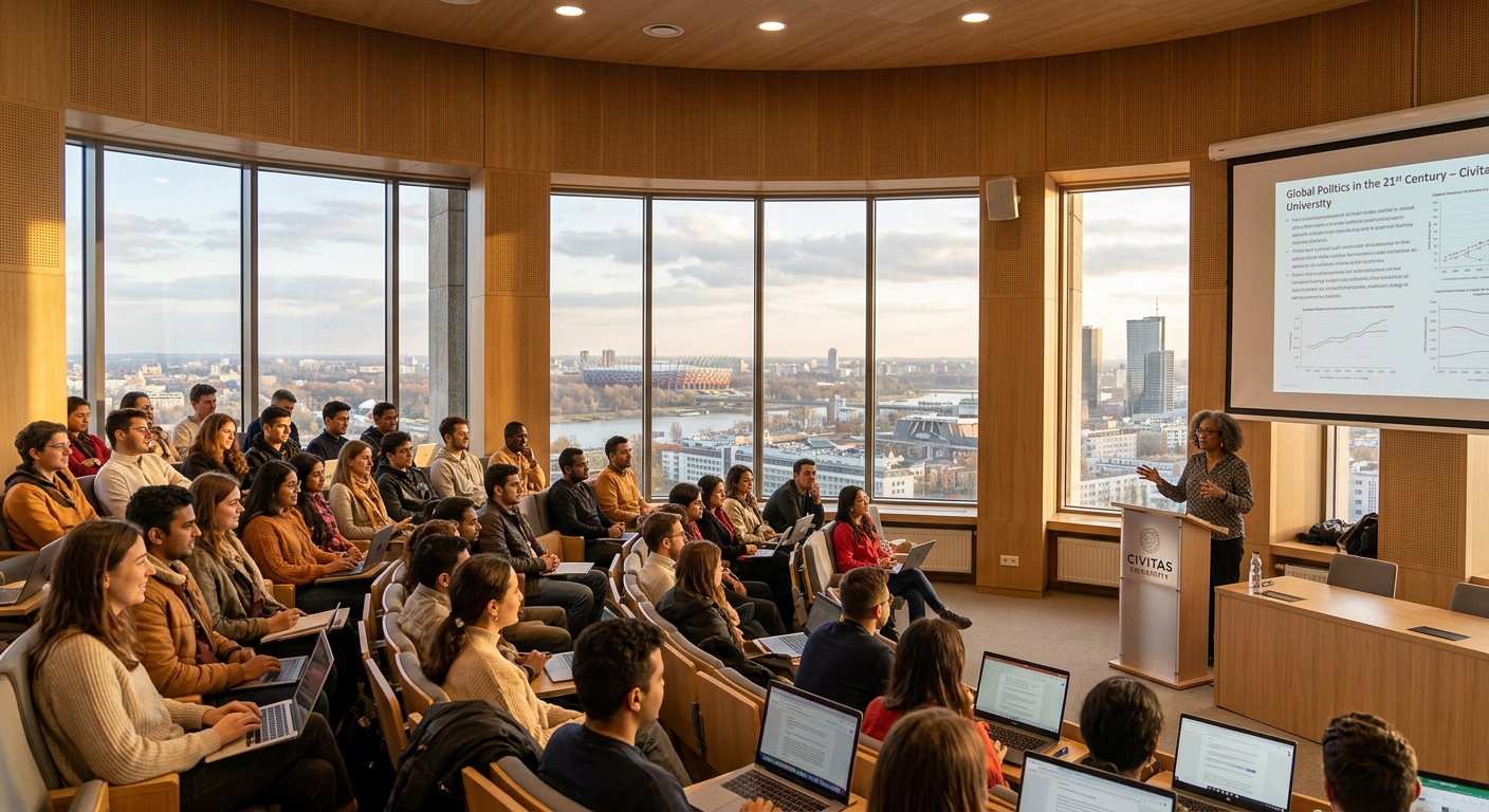 Civitas University campus inside the iconic Palace of Culture and Science in Warsaw, Poland, modern lecture hall with international students, large windows overlooking the Warsaw skyline, warm academic atmosphere