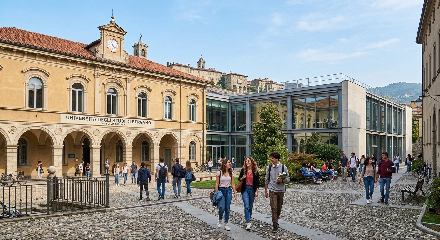 University of Bergamo Campus Caniana building exterior with students walking through courtyard, historic Italian architecture blending with modern academic facilities, Bergamo Lombardy Italy, clear sky