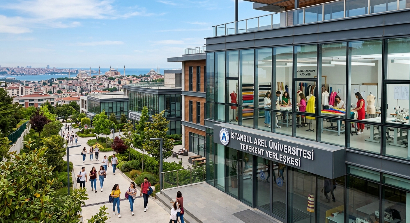 Istanbul Arel University Tepekent campus with modern architecture, fashion design studio interior visible through large windows, mannequins and fabric rolls, students walking on tree-lined pathways, Istanbul skyline in the background