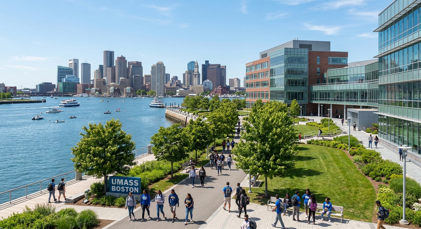 University of Massachusetts Boston waterfront campus with modern buildings along Boston Harbor, students walking on tree-lined paths, clear sky with city skyline in background