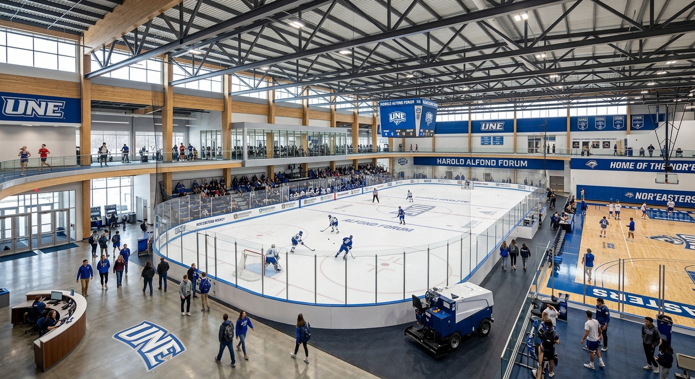 Harold Alfond Forum at UNE, large modern athletic complex with NHL-size ice hockey rink, basketball court, and multi-purpose indoor spaces, blue and white UNE branding