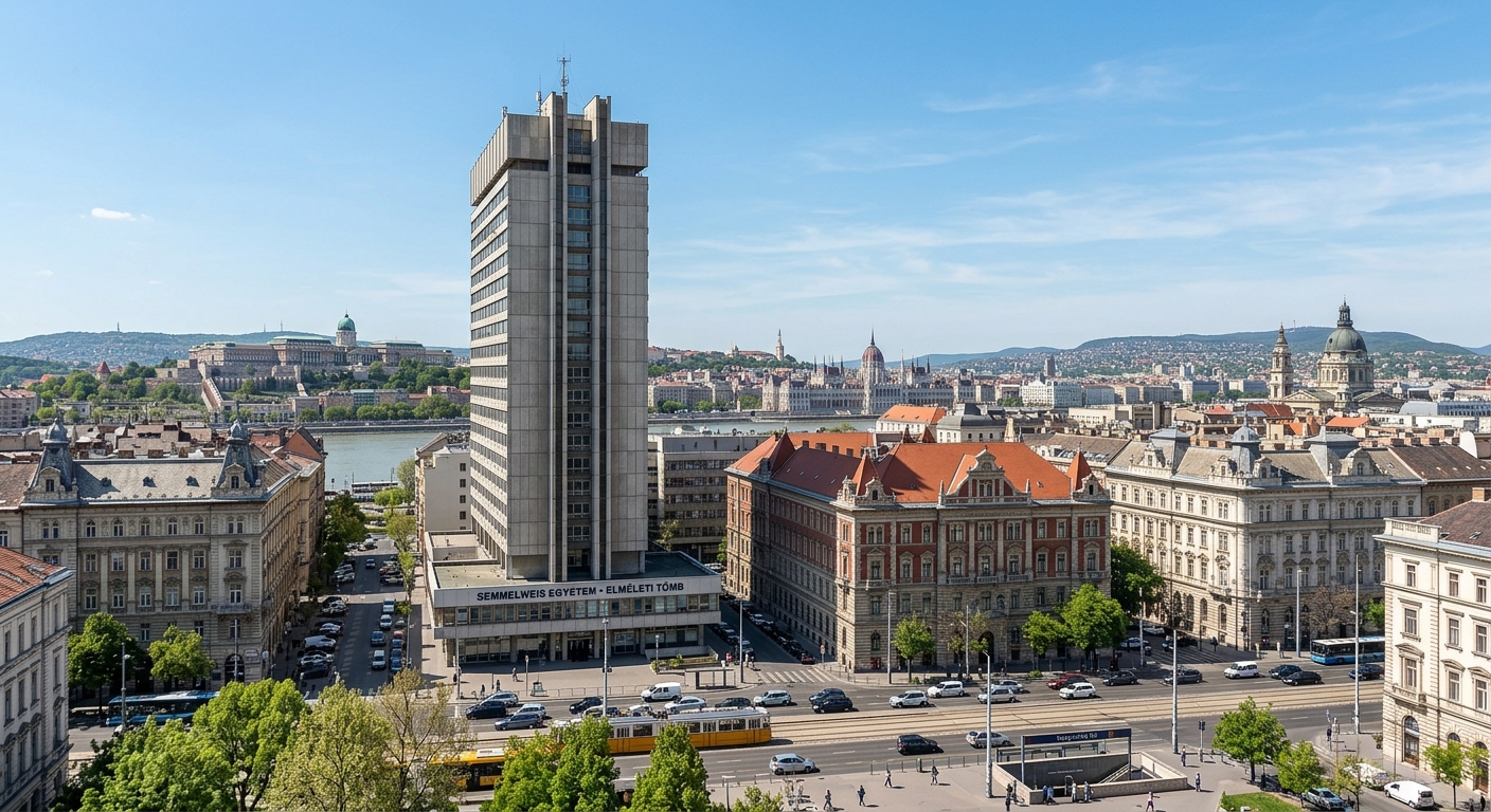 Semmelweis University Theoretical Building at Nagyvarad ter in Budapest, tall modernist high-rise surrounded by historic Hungarian architecture, Danube cityscape in background, clear blue sky