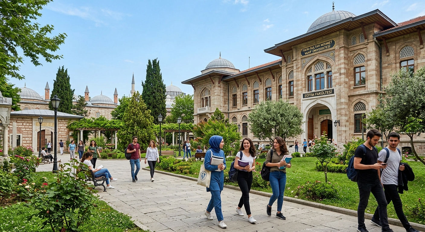Historic Istanbul campus of Fatih Sultan Mehmet Vakif University, Faculty of Education building with Ottoman architectural elements, green courtyard, students walking with books, clear blue sky