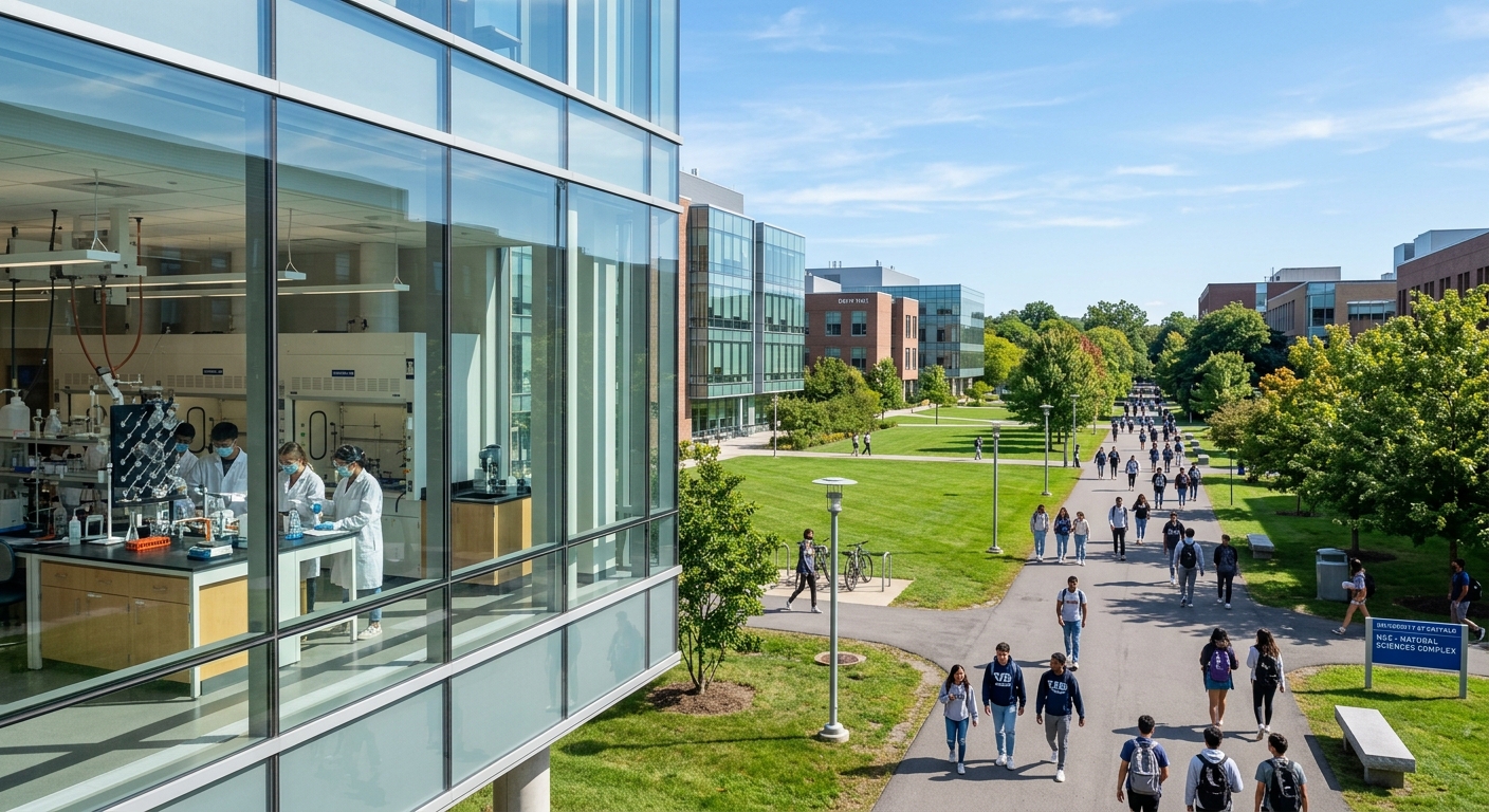 University at Buffalo North Campus with modern academic buildings, green lawns, and students walking along tree-lined pathways under a clear blue sky, chemistry laboratory equipment visible through large windows