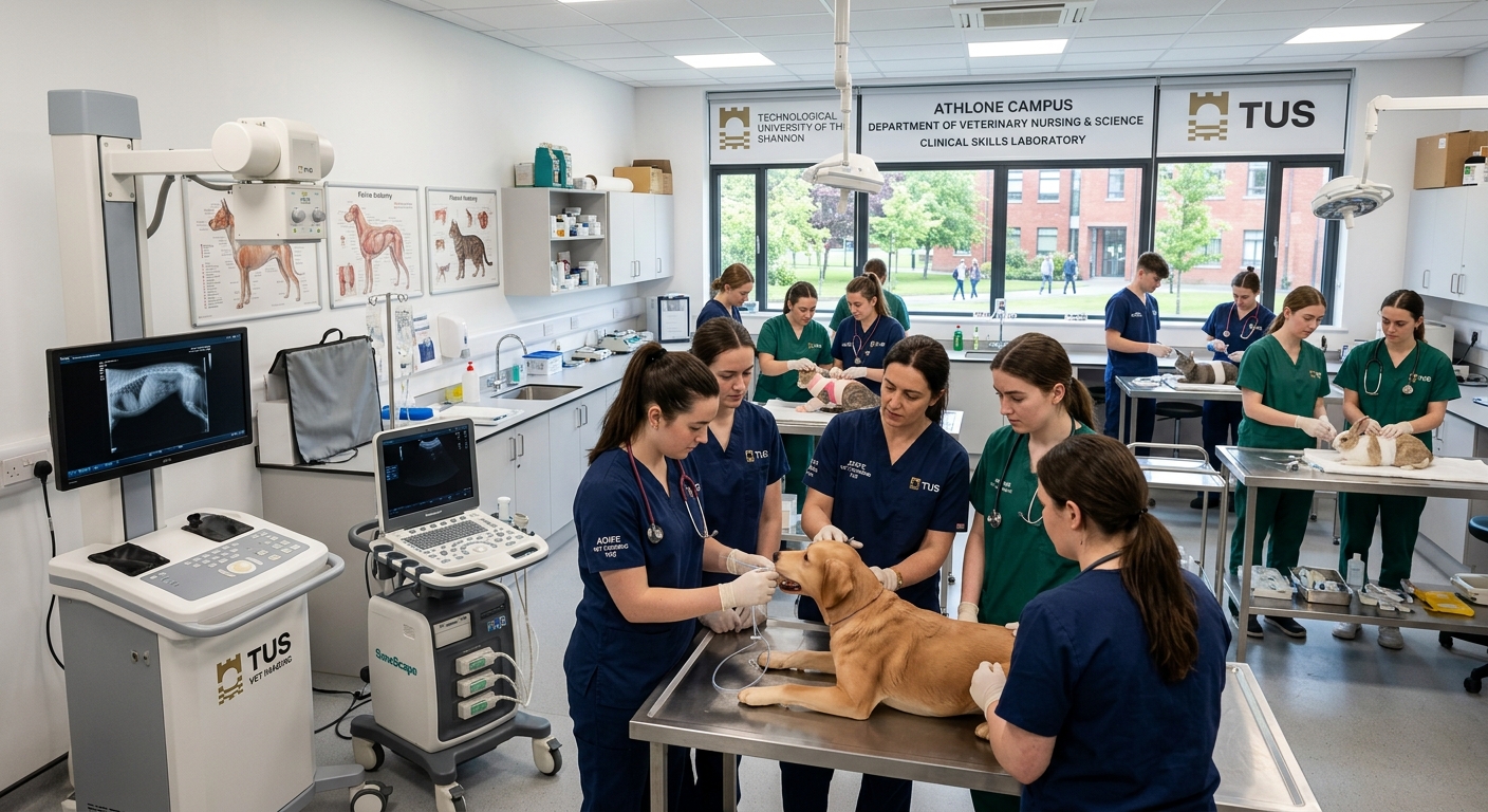 Modern veterinary nursing teaching laboratory at TUS Athlone Campus with students in scrubs practicing clinical skills on animal models, diagnostic imaging equipment visible, bright clinical lighting, Irish university campus setting