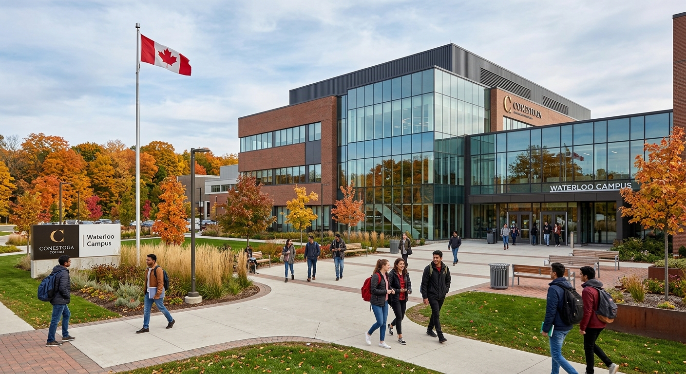 Modern Conestoga College Waterloo campus building with students walking through a landscaped courtyard, Canadian flag visible, contemporary glass and brick architecture, autumn trees in the background