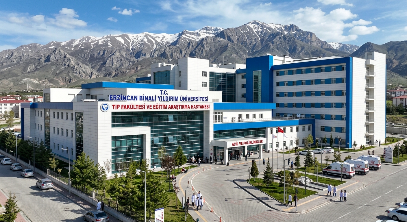 Erzincan Binali Yıldırım University Faculty of Medicine building and teaching hospital, modern clinical facilities, white and blue architectural design