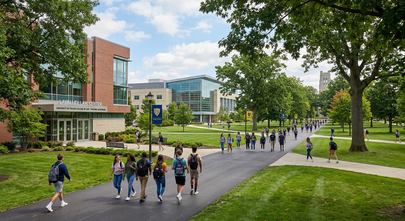 University of Toledo campus with modern academic buildings, green lawns, and students walking along tree-lined paths in Toledo, Ohio, with the teaching courtroom facility visible
