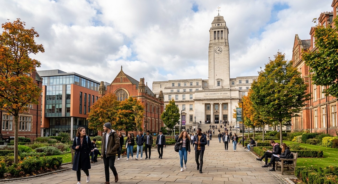University of Leeds campus with the iconic Parkinson Building and clock tower, students walking along tree-lined pathways, historic red-brick architecture blending with modern academic facilities under a partly cloudy English sky