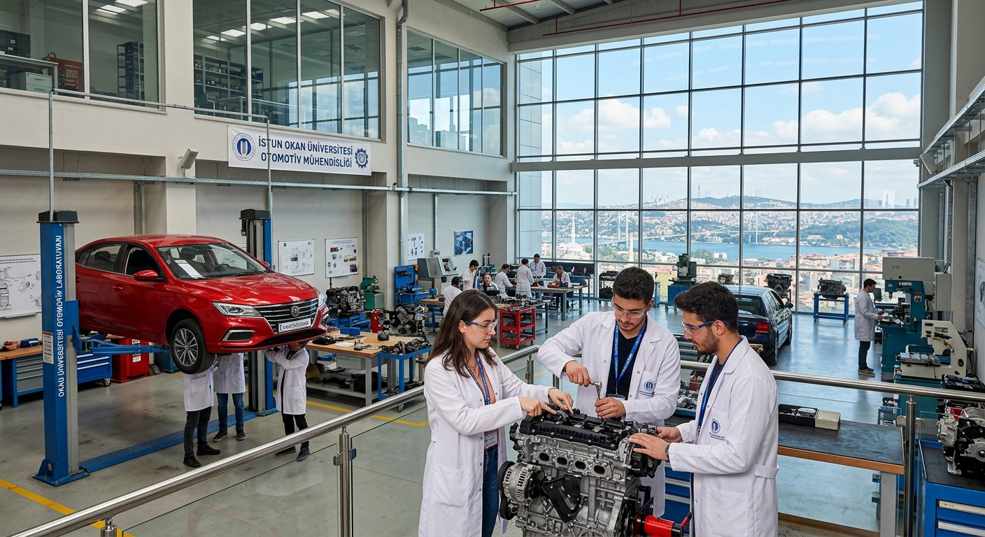Modern engineering campus at Istanbul Okan University, automotive laboratory with students working on vehicle components, bright industrial workshop setting with cars and engine parts visible, Istanbul skyline in the background