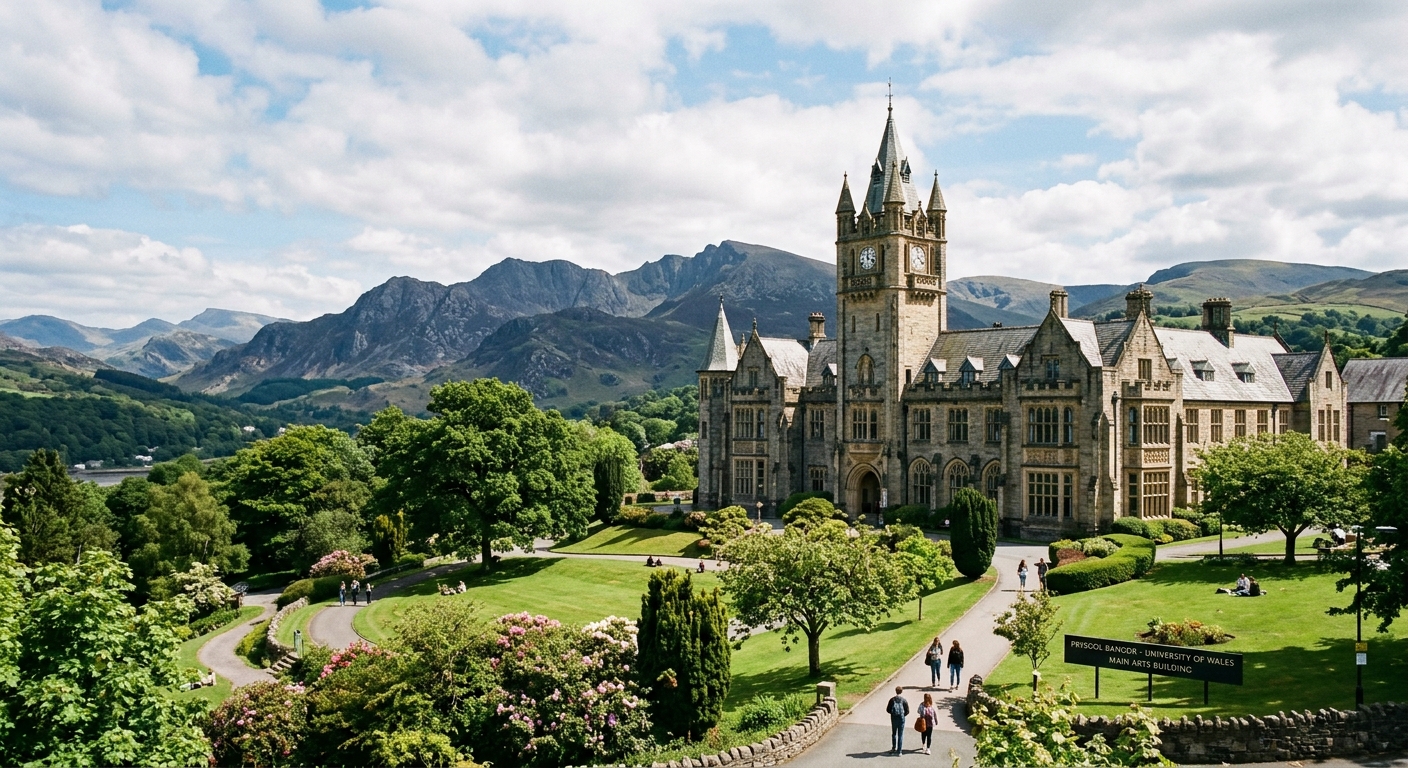 Historic Bangor University main arts building with Victorian architecture, set against the backdrop of Snowdonia mountains and lush green campus grounds in North Wales, United Kingdom