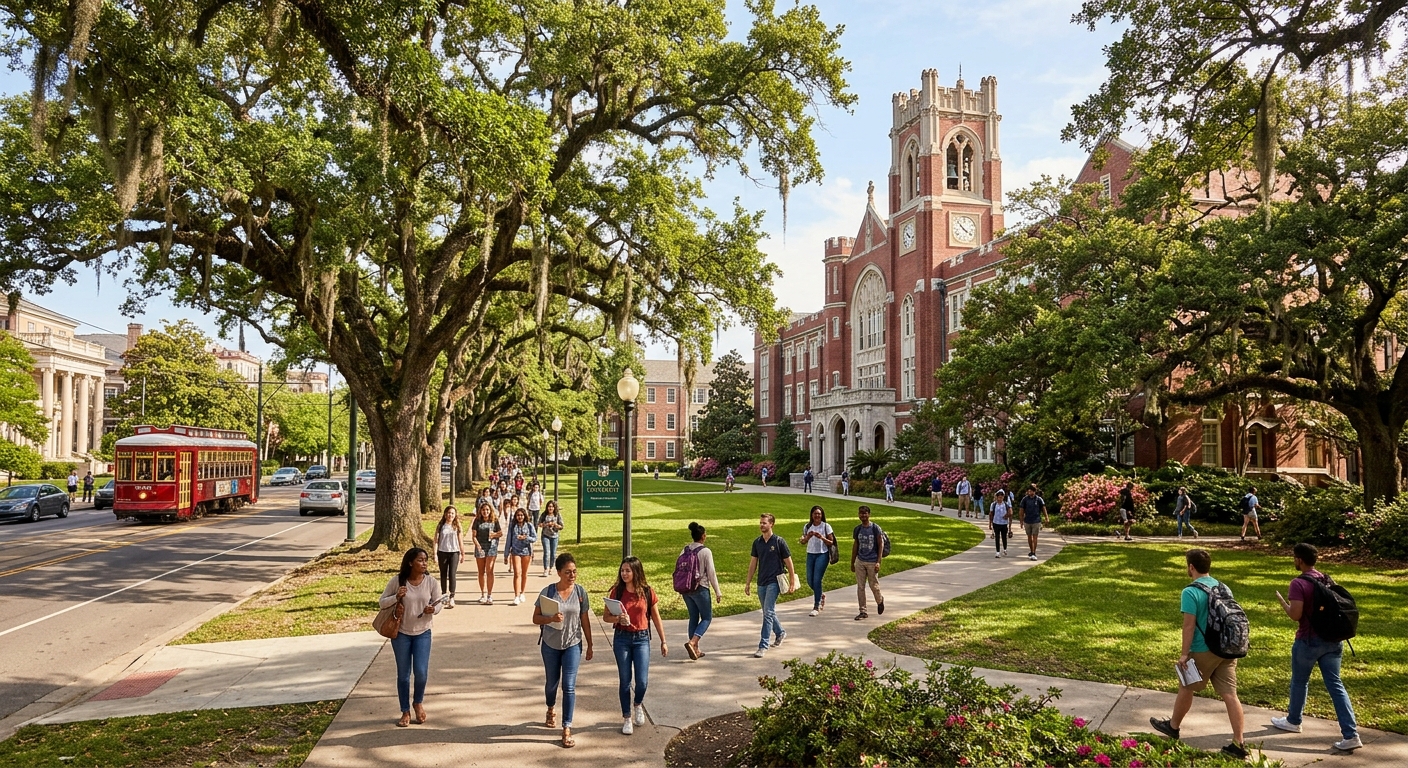 Loyola University New Orleans campus with historic Marquette Hall and lush green oak trees along St. Charles Avenue, students walking on pathways in warm sunlight, urban New Orleans setting