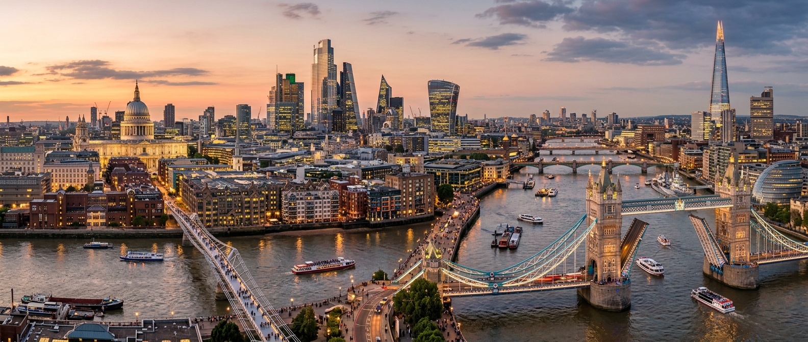 London cityscape panoramic view, River Thames, Tower Bridge, The Shard, St Paul's Cathedral, modern and historic architecture, golden hour light, bustling city life