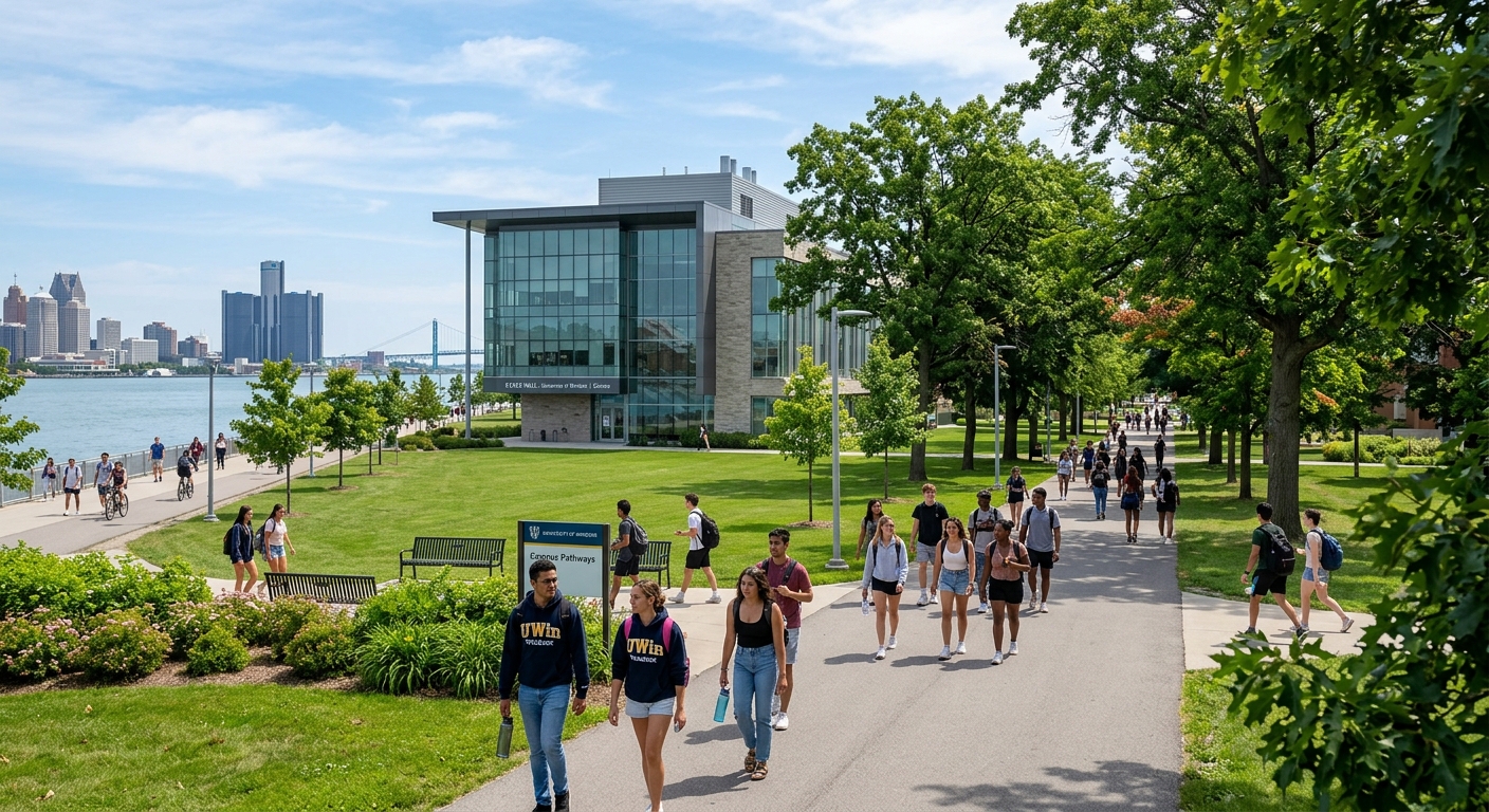 University of Windsor campus in Ontario Canada, modern science building with green lawns, students walking along tree-lined pathways near the Detroit River waterfront, bright sunny day