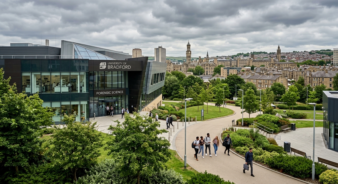 University of Bradford campus with modern forensic science laboratory building, students walking on pathways surrounded by green spaces, Bradford cityscape in the background, overcast English sky