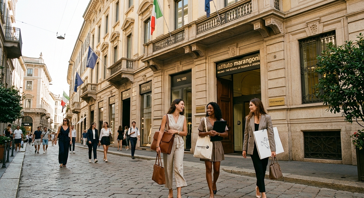 Istituto Marangoni Milan campus exterior with elegant Italian architecture, fashion students walking with portfolio bags, stylish urban setting near Via Montenapoleone fashion district, warm Mediterranean light