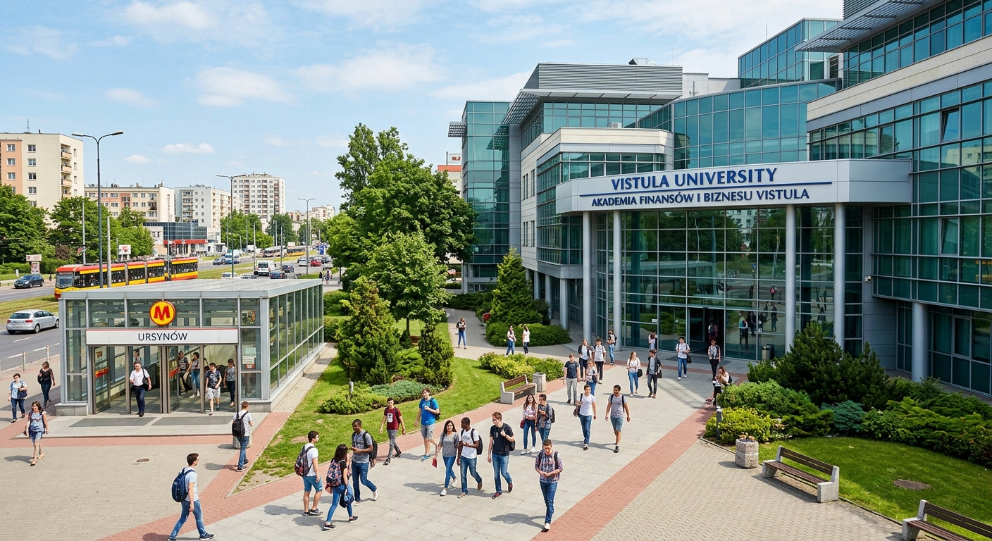 Vistula University modern campus building in Warsaw Ursynow district, contemporary architecture with glass facades, green landscaping, students walking near the entrance, metro station visible nearby, bright daylight