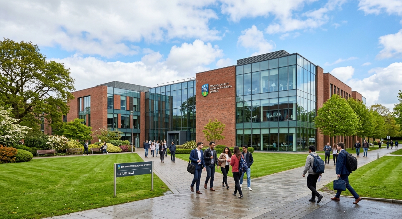 UCD Michael Smurfit Graduate Business School campus in Blackrock, Dublin, Ireland, with modern glass and brick architecture, green lawns, and students walking between lecture buildings under a partly cloudy sky