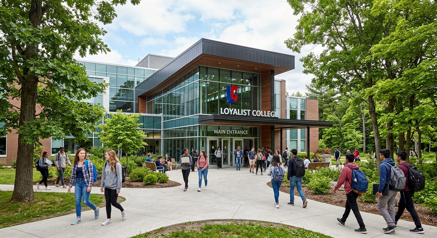 Modern entrance of Loyalist College main building in Belleville, students walking on pathways surrounded by mature trees, contemporary architecture with glass facades