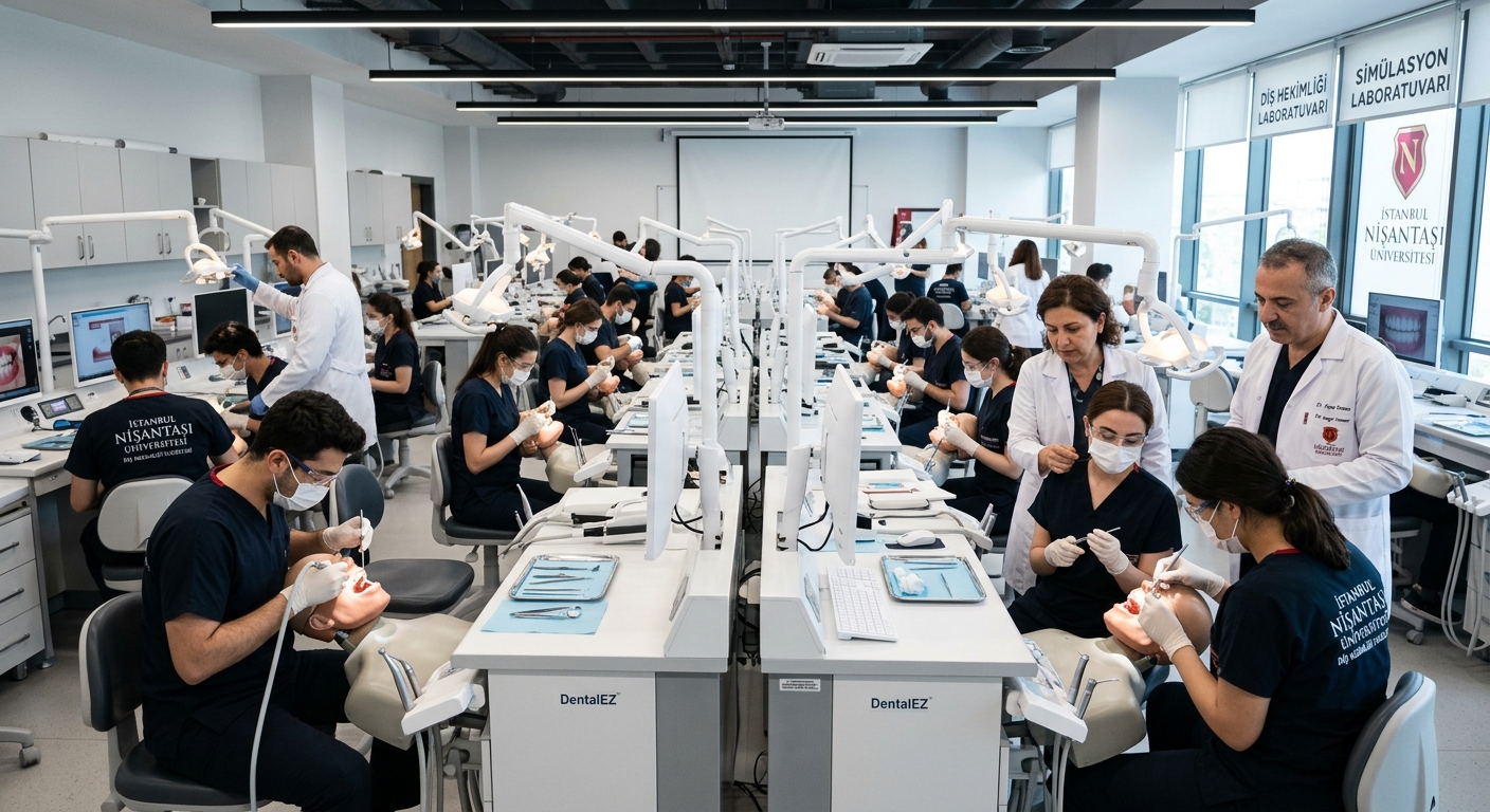 Modern dental simulation laboratory at Istanbul Nisantasi University with students practicing on dental mannequins, advanced clinical equipment, bright LED lighting, and instructors supervising hands-on training in a contemporary university setting
