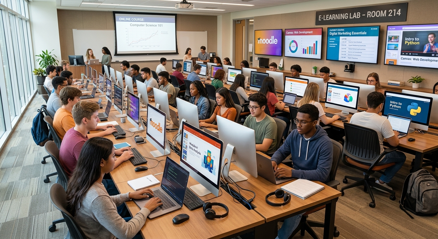 E-learning computer lab with rows of modern workstations, students using laptops and desktop computers, digital screens showing course materials