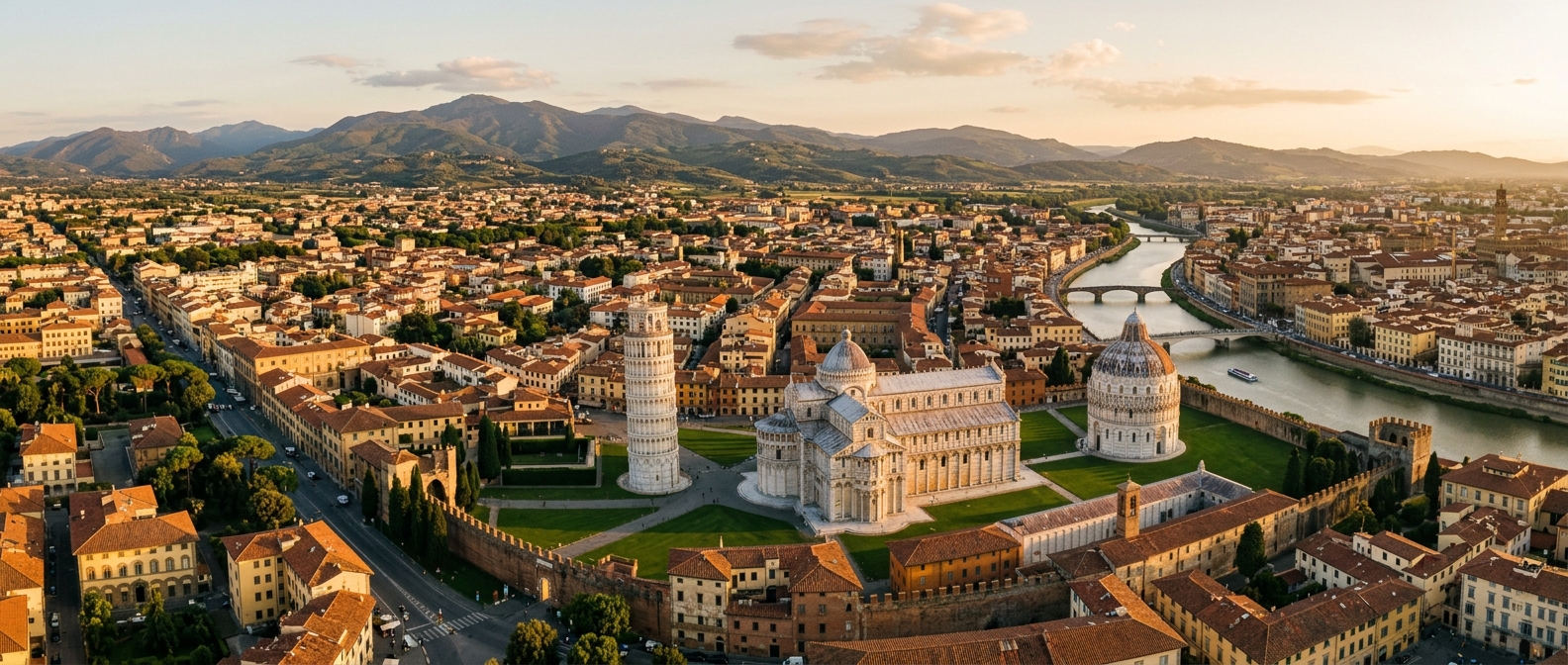 Panoramic view of Pisa, Italy, featuring the iconic Leaning Tower, Pisa Cathedral and Baptistery in Piazza dei Miracoli, Arno River winding through the city, terracotta rooftops, Tuscan hills in the background, golden hour light