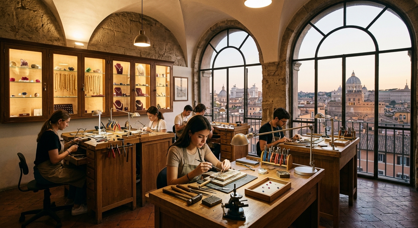 Elegant jewelry design studio in Rome with students working at goldsmith workbenches, gemstones and precious metals on display, soft warm lighting, Italian architectural details visible through arched windows