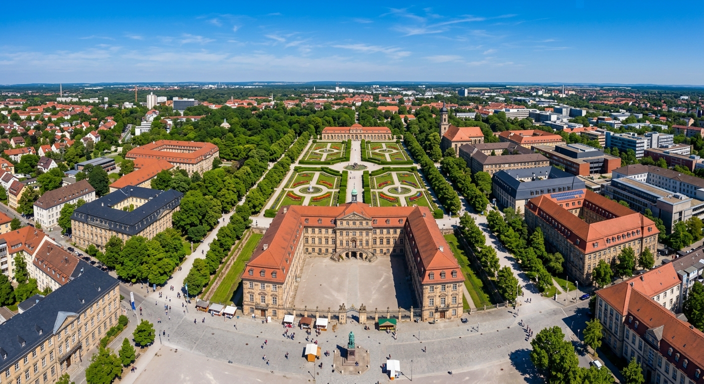 Aerial view of FAU Erlangen-Nuremberg Schlossplatz campus with historic Erlangen Castle, baroque gardens, tree-lined paths, and surrounding academic buildings under clear blue sky