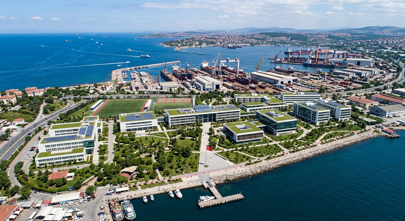 Aerial view of Piri Reis University Green Campus in Tuzla, Istanbul, with the Marmara Sea coastline, shipyard facilities in the background, and modern academic buildings surrounded by greenery