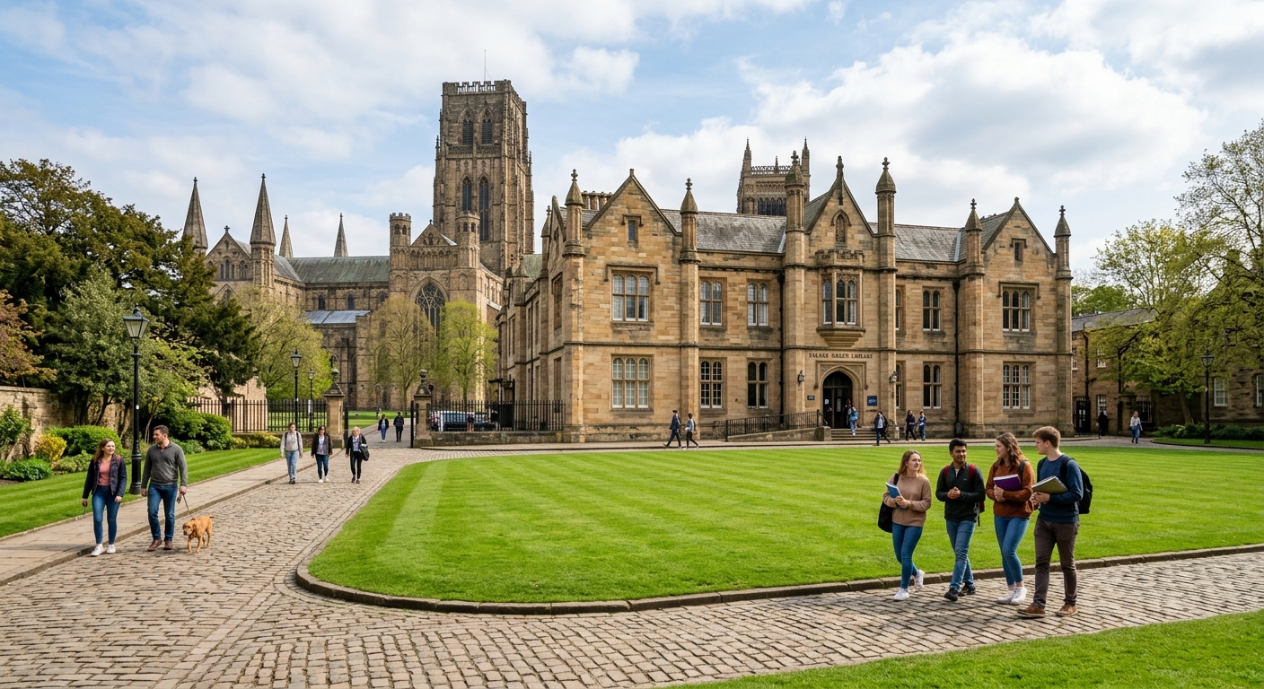 Palace Green Library Durham University, historic stone building with manicured green lawn in front, students walking along cobbled paths, Durham Cathedral visible in background