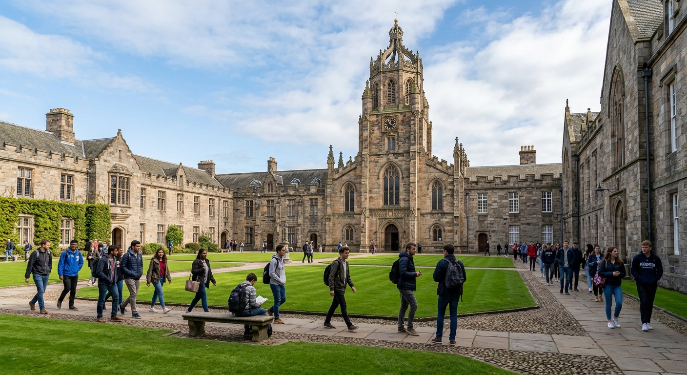University of Aberdeen historic King's College campus with granite buildings and green quadrangle, students walking near the iconic Crown Tower, Aberdeen Scotland