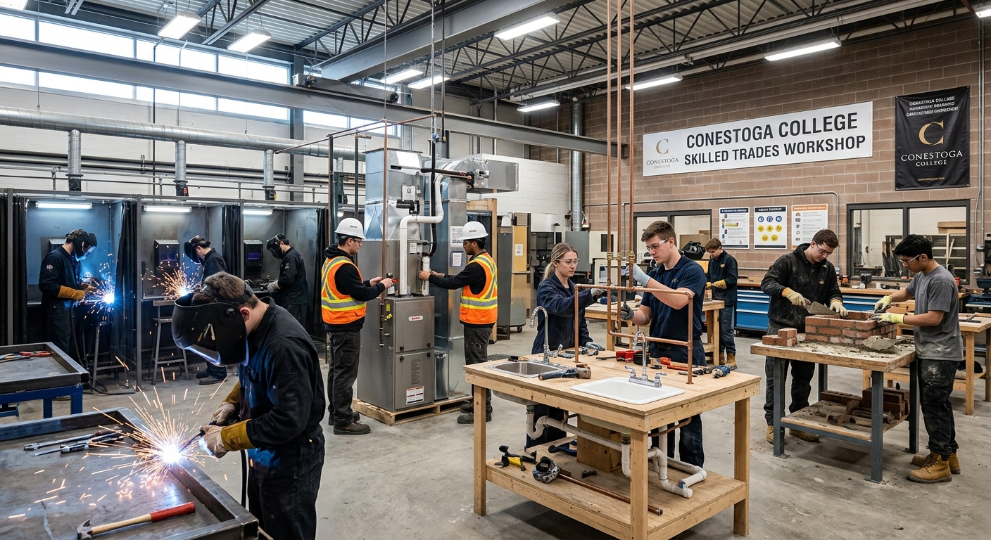 Students in safety gear working hands-on in a modern skilled trades workshop at Conestoga College, with welding stations, HVAC equipment, plumbing fixtures, and masonry workbenches visible under bright industrial lighting