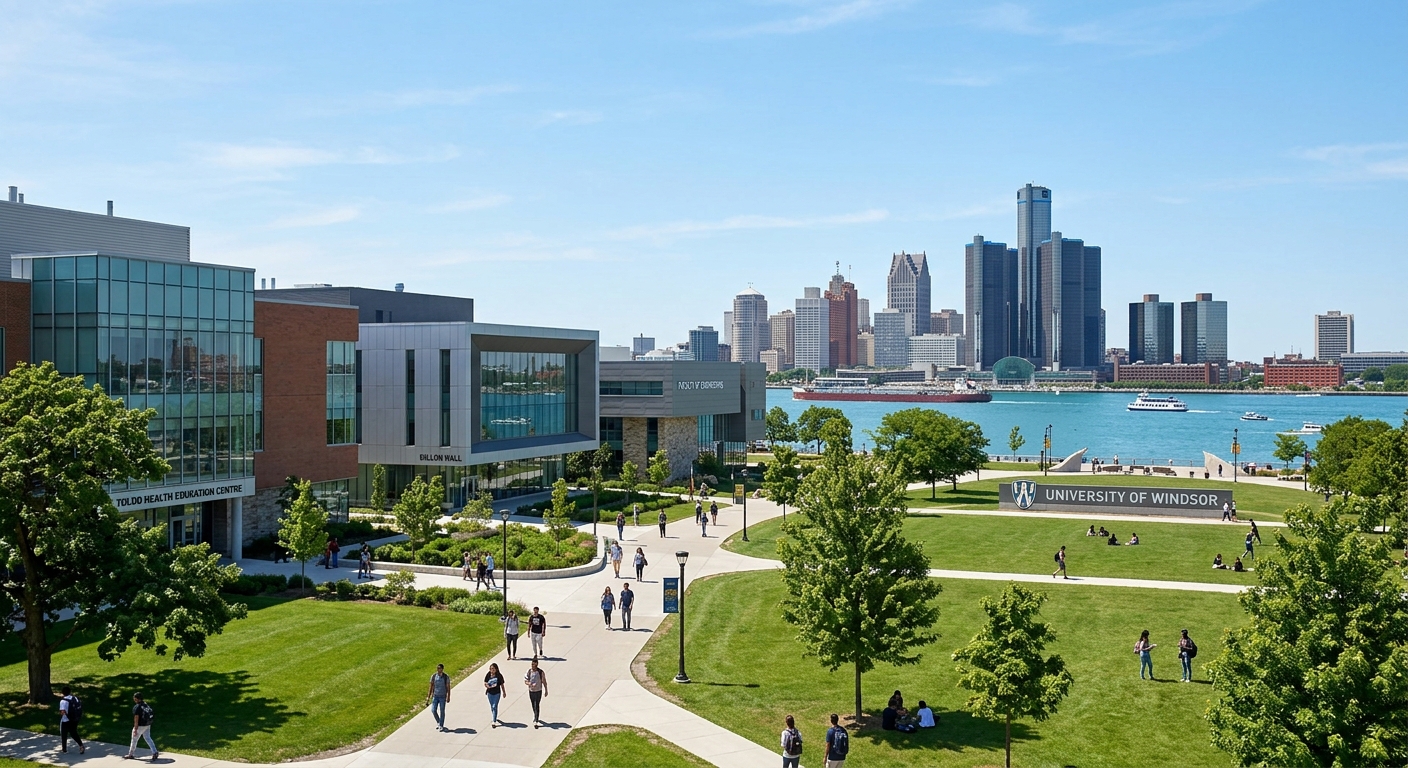 University of Windsor campus in Ontario Canada with modern academic buildings, green lawns, and the Detroit River skyline visible in the background under a clear blue sky
