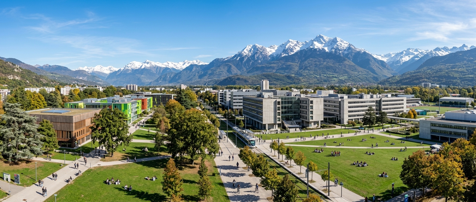 Panoramic view of Université Grenoble Alpes Domaine Universitaire campus with modern academic buildings, green lawns, and the snow-capped French Alps mountain range in the background under a clear blue sky