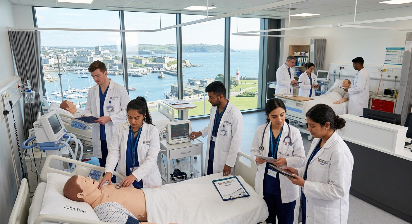 Modern medical school campus at University of Plymouth, students in white coats practicing clinical skills in a simulation ward, coastal city of Plymouth visible through large windows, bright and professional learning environment