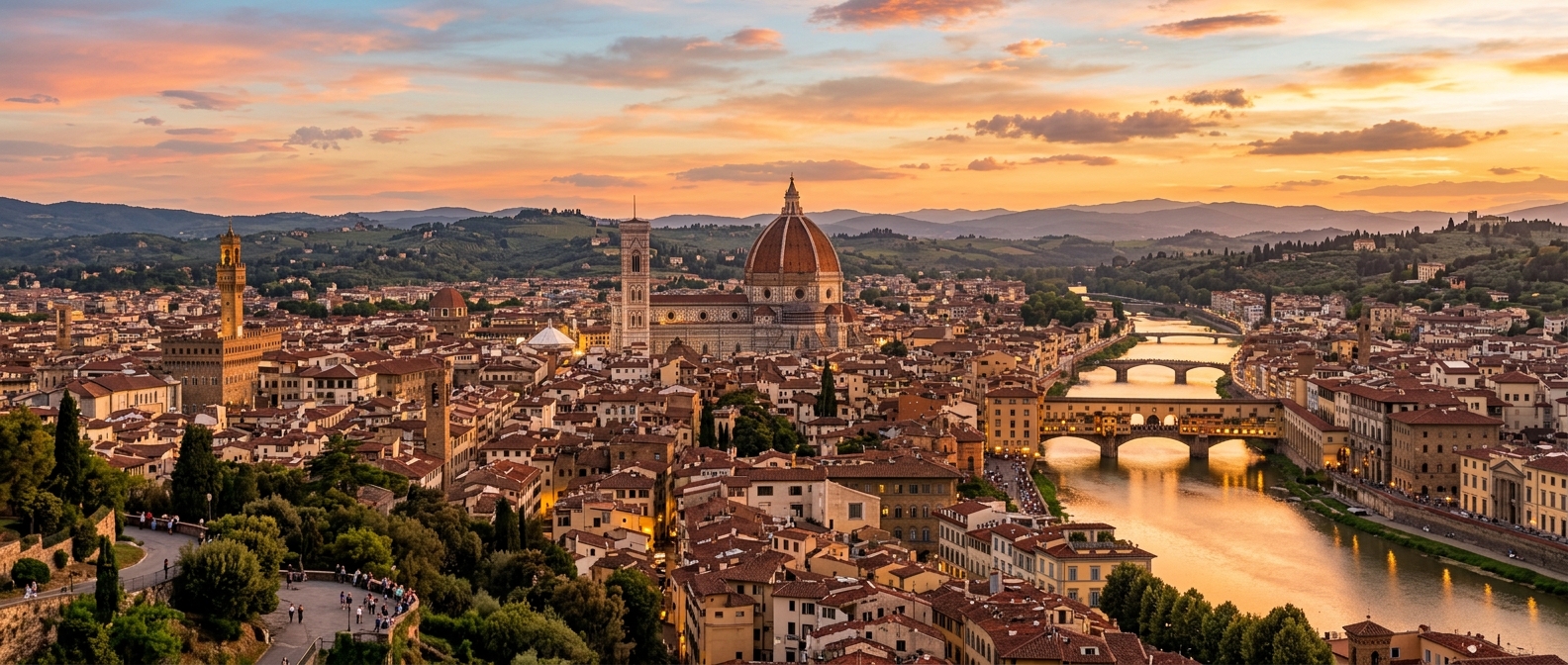 Panoramic view of Florence Italy at sunset, the iconic Duomo cathedral dome dominating the skyline, terracotta rooftops, the Arno River reflecting golden light, Ponte Vecchio bridge, rolling Tuscan hills in the distance