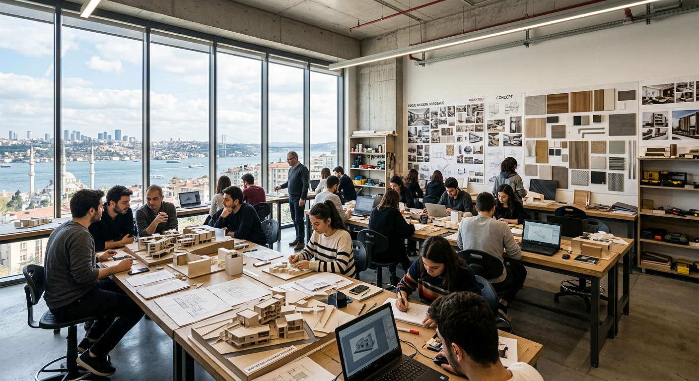 Modern design studio at Istanbul Nisantasi University with students working on interior design projects, architectural models on tables, large windows overlooking Istanbul cityscape, creative workspace with mood boards and material samples