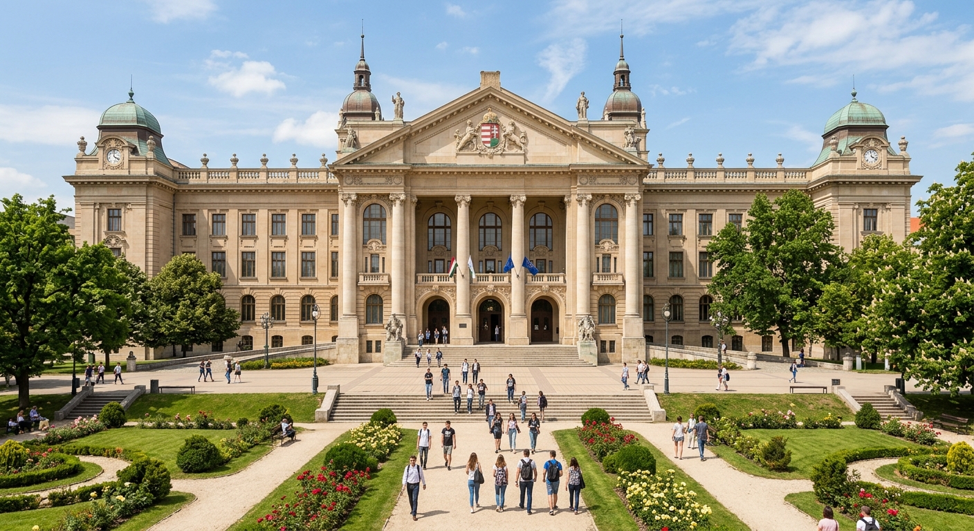 University of Debrecen main building, grand neo-baroque architecture with tall columns, wide staircase entrance, manicured gardens in front, sunny day