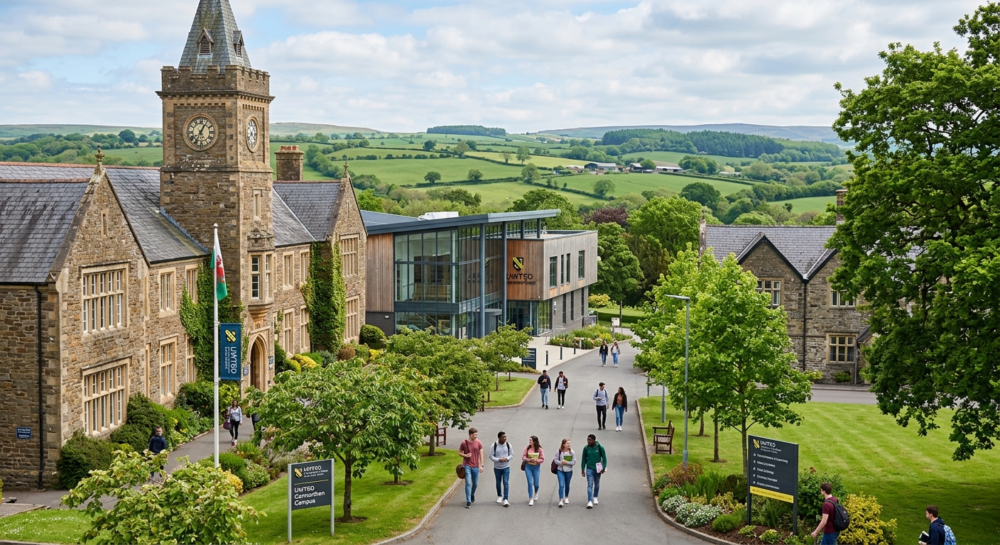 Historic Carmarthen campus of University of Wales Trinity Saint David, green Welsh countryside, stone buildings with modern facilities, students walking along tree-lined pathways