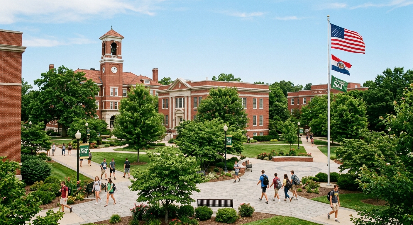 Missouri University of Science and Technology campus in Rolla Missouri, red brick academic buildings surrounded by green trees, students walking on pathways, clear blue sky with American flag visible