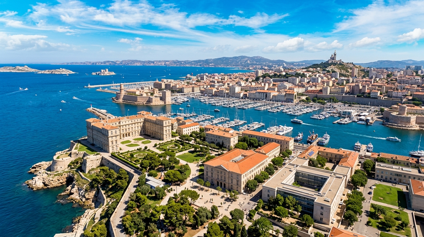 Aerial panoramic view of Aix-Marseille University Pharo campus overlooking the Vieux-Port of Marseille, Mediterranean Sea in background, historic stone buildings and modern facilities, bright sunny Provençal day with blue sky